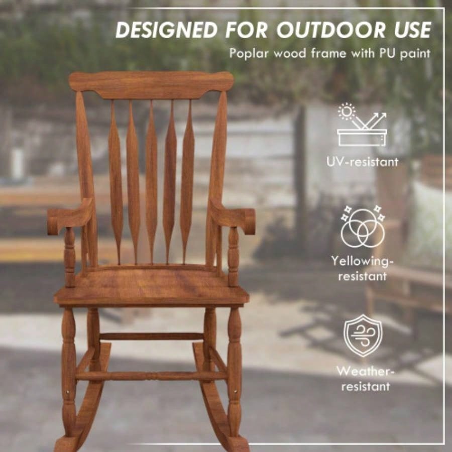 Outsunny Outdoor Wood Rocking Chair, 350 lbs. Porch Rocker with High Back Garden, Patio, Balcony, Teak