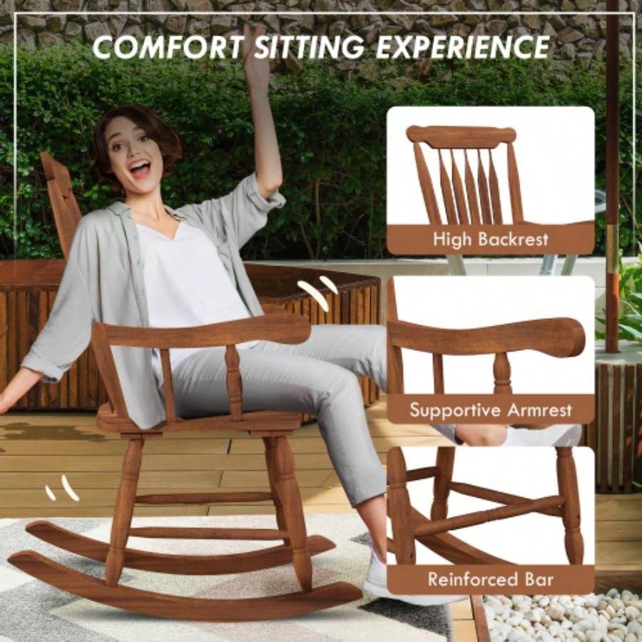 Outsunny Outdoor Wood Rocking Chair, 350 lbs. Porch Rocker with High Back Garden, Patio, Balcony, Teak
