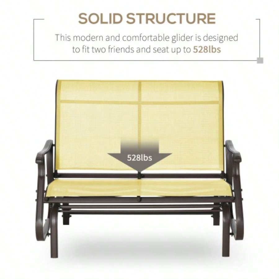 Outsunny 2 - Person Outdoor Glider Patio Glider Loveseat Chair with Powder Coated Steel Frame 2 Seats Porch Rocking Glider Backyard, Lawn, Garden and Porch, Beige