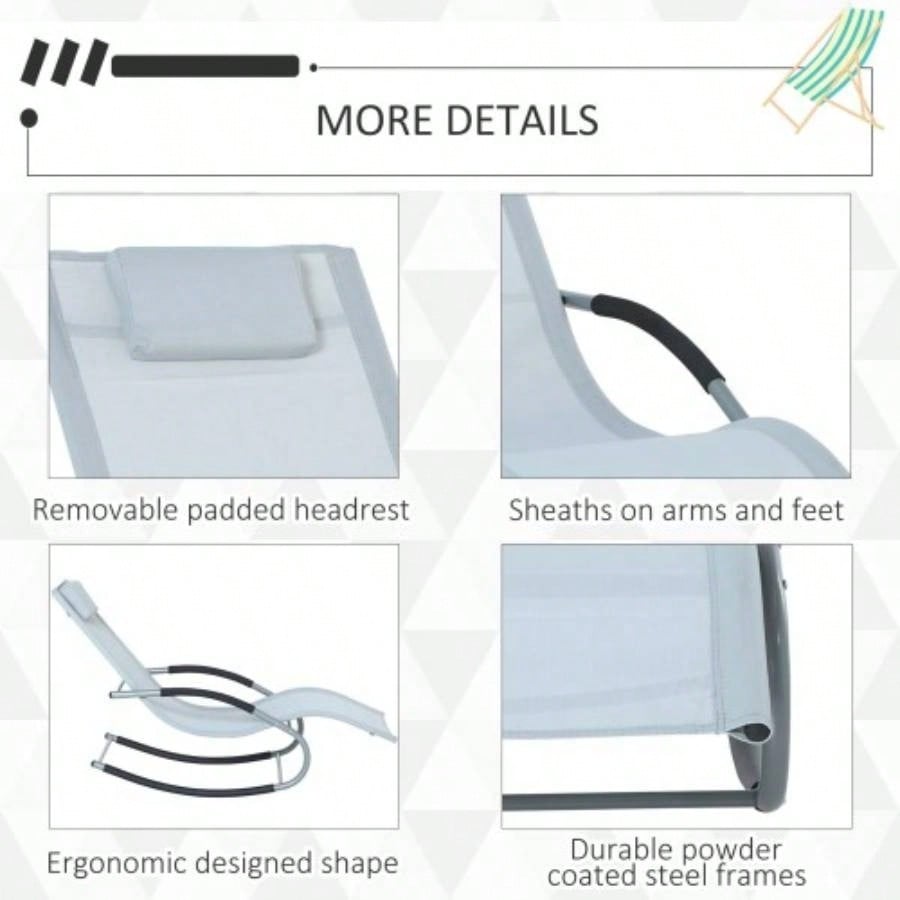 Outsunny Zero Rocking Chair Outdoor Chaise Lounge Chair Recliner Rocker with Detachable Pillow and Durable Weather - Fighting Fabric Patio, Deck, Pool,