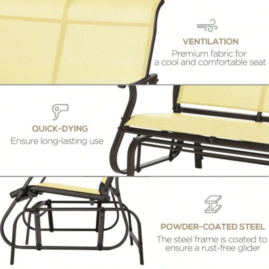 Outsunny 2 - Person Outdoor Glider Patio Glider Loveseat Chair with Powder Coated Steel Frame 2 Seats Porch Rocking Glider Backyard, Lawn, Garden and Porch, Beige