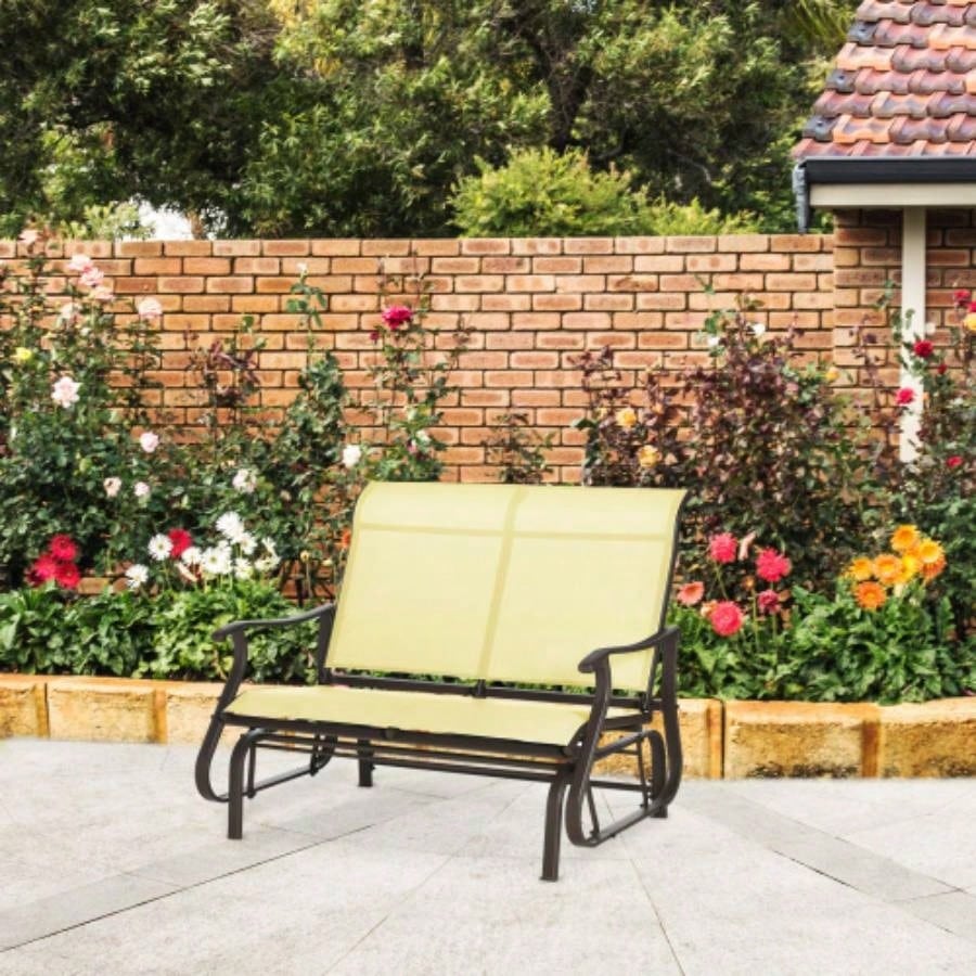 Outsunny 2 - Person Outdoor Glider Patio Glider Loveseat Chair with Powder Coated Steel Frame 2 Seats Porch Rocking Glider Backyard, Lawn, Garden and Porch, Beige