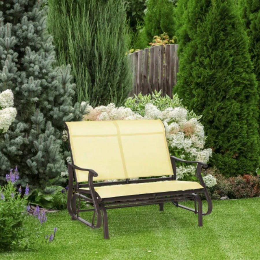 Outsunny 2 - Person Outdoor Glider Patio Glider Loveseat Chair with Powder Coated Steel Frame 2 Seats Porch Rocking Glider Backyard, Lawn, Garden and Porch, Beige
