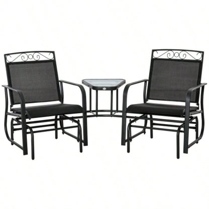 Outsunny Outdoor Glider Chairs with Coffee Table, Patio 2 - Rocking Chair Swing with Breathable Sling Backyard, Garden and Porch, Black