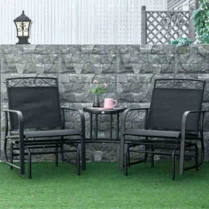 Outsunny Outdoor Glider Chairs with Coffee Table, Patio 2 - Rocking Chair Swing with Breathable Sling Backyard, Garden and Porch, Black