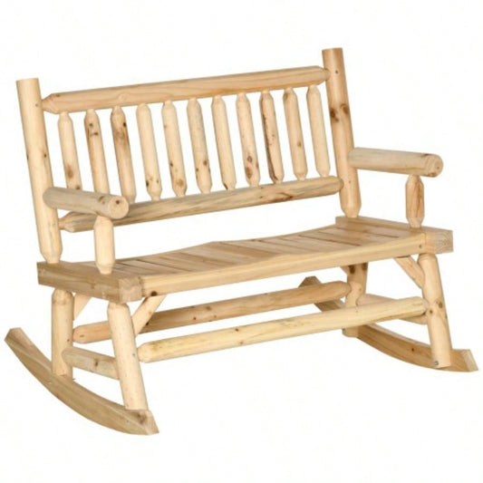 Outsunny 2 - Person Wood Rocking Chair with Log Design, Heavy Duty Loveseat with Wide Curved Seats Patio, Backyard, Garden, Natural