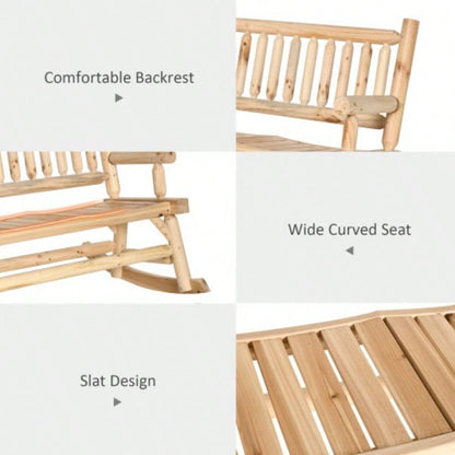 Outsunny 2 - Person Wood Rocking Chair with Log Design, Heavy Duty Loveseat with Wide Curved Seats Patio, Backyard, Garden, Natural