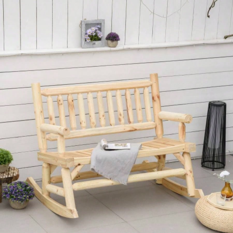 Outsunny 2 - Person Wood Rocking Chair with Log Design, Heavy Duty Loveseat with Wide Curved Seats Patio, Backyard, Garden, Natural