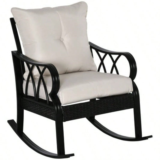 Outsunny Outdoor Wicker Rocking Chair with Padded Cushions, Aluminum Furniture Rattan Porch Rocker Chair/ Armrest Garden, Patio, and Backyard, Khaki