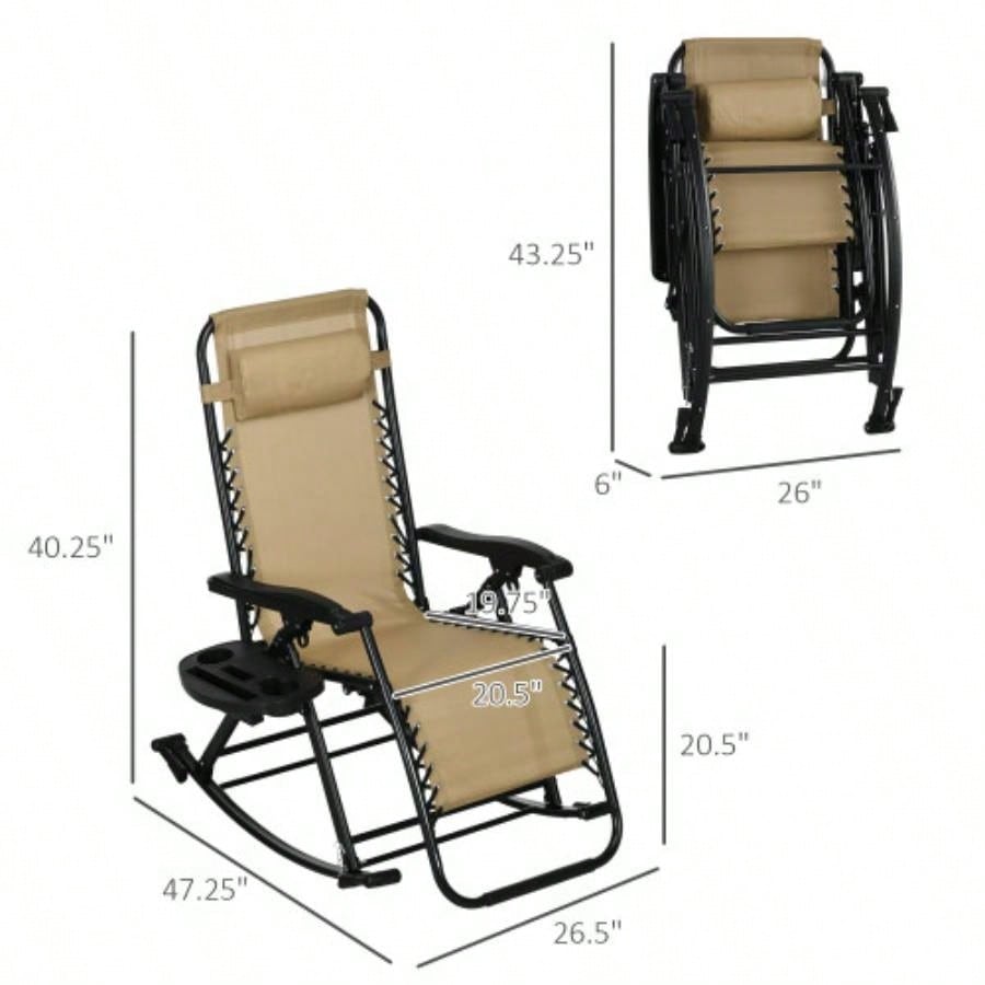 Outsunny 2 Pieces Outdoor Rocking Chairs, Foldable Reclining Zero Lounge Rocker with Pillow, Cup Phone Holder, Combo Design with Folding, Beige