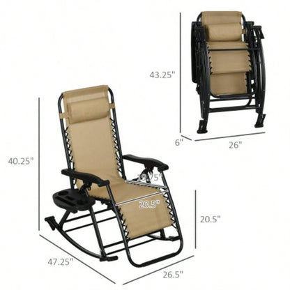 Outsunny 2 Pieces Outdoor Rocking Chairs, Foldable Reclining Zero Lounge Rocker with Pillow, Cup Phone Holder, Combo Design with Folding, Beige