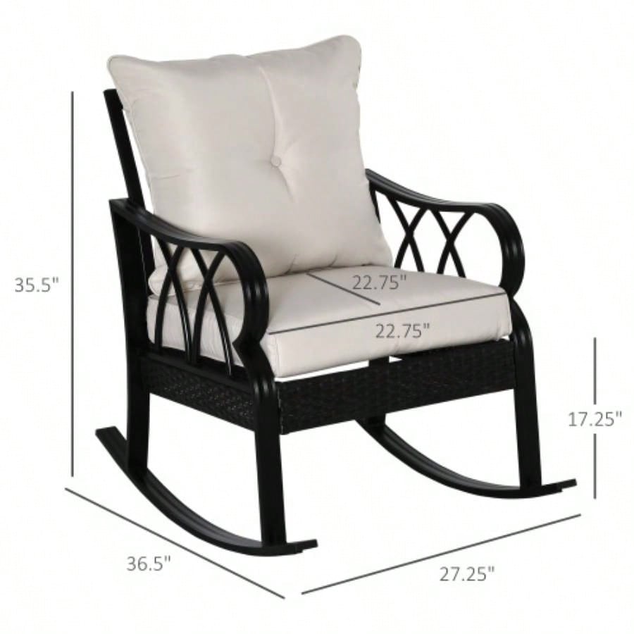 Outsunny Outdoor Wicker Rocking Chair with Padded Cushions, Aluminum Furniture Rattan Porch Rocker Chair/ Armrest Garden, Patio, and Backyard, Khaki