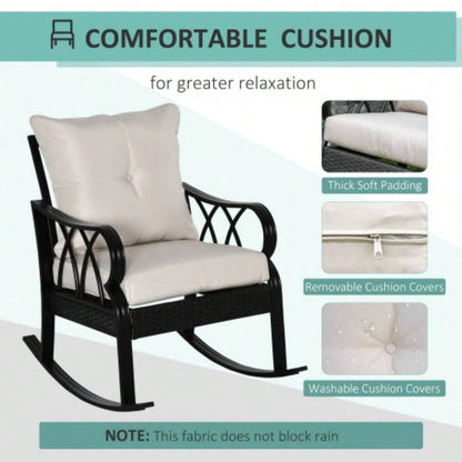 Outsunny Outdoor Wicker Rocking Chair with Padded Cushions, Aluminum Furniture Rattan Porch Rocker Chair/ Armrest Garden, Patio, and Backyard, Khaki