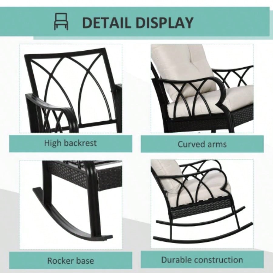 Outsunny Outdoor Wicker Rocking Chair with Padded Cushions, Aluminum Furniture Rattan Porch Rocker Chair/ Armrest Garden, Patio, and Backyard, Khaki