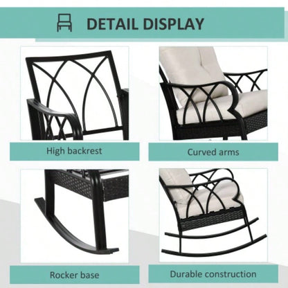 Outsunny Outdoor Wicker Rocking Chair with Padded Cushions, Aluminum Furniture Rattan Porch Rocker Chair/ Armrest Garden, Patio, and Backyard, Khaki