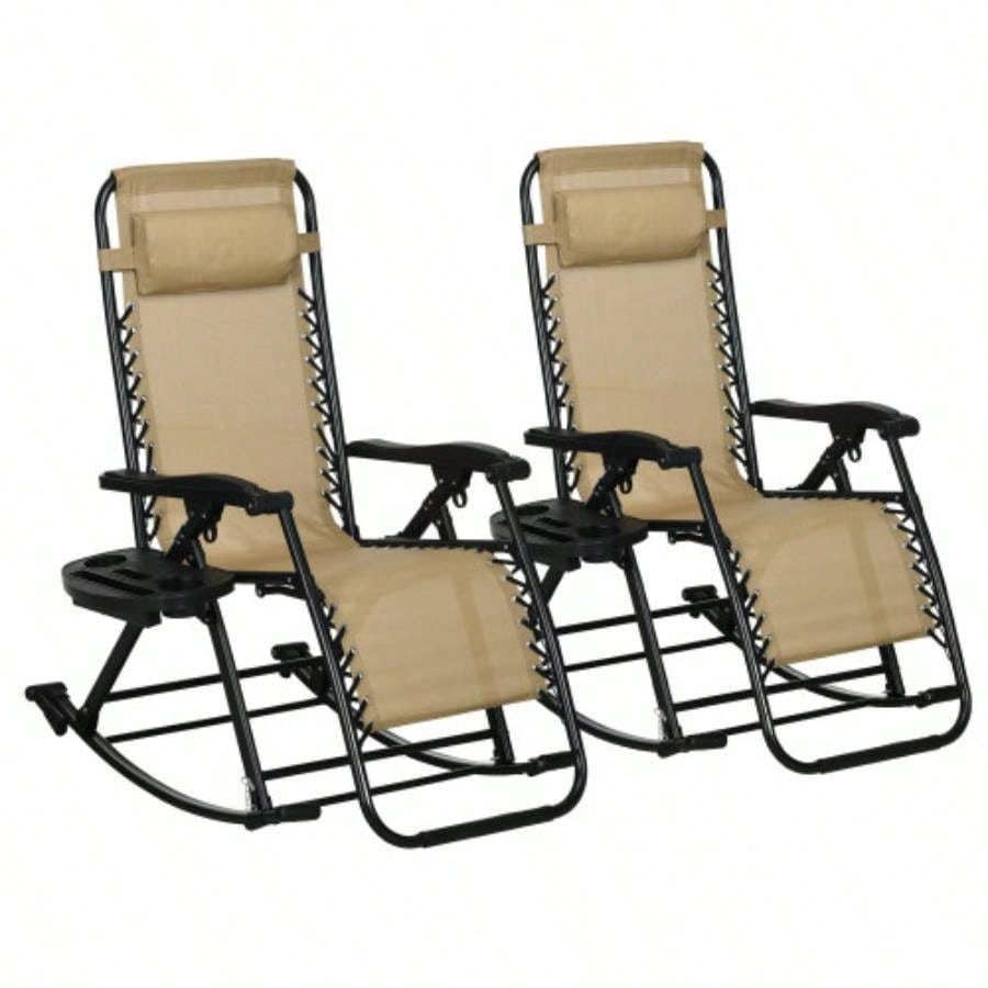 Outsunny 2 Pieces Outdoor Rocking Chairs, Foldable Reclining Zero Lounge Rocker with Pillow, Cup Phone Holder, Combo Design with Folding, Beige