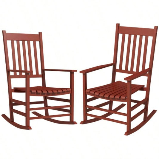 Outsunny Outdoor Rocking Chair Set of 2, Patio Wooden Rocking Chair with Smooth Armrests, High Back Garden, Balcony, Porch, Supports Up to 352 lbs. Wine Red