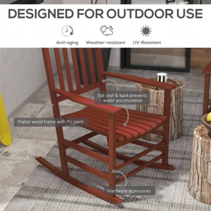 Outsunny Outdoor Rocking Chair Set of 2, Patio Wooden Rocking Chair with Smooth Armrests, High Back Garden, Balcony, Porch, Supports Up to 352 lbs. Wine Red