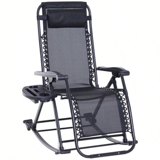 Outdoor Rocking Chairs, Foldable Reclining Anti Lounge Rocker/ Pillow, Cup Phone Holder, Combo Design/ Folding, Black
