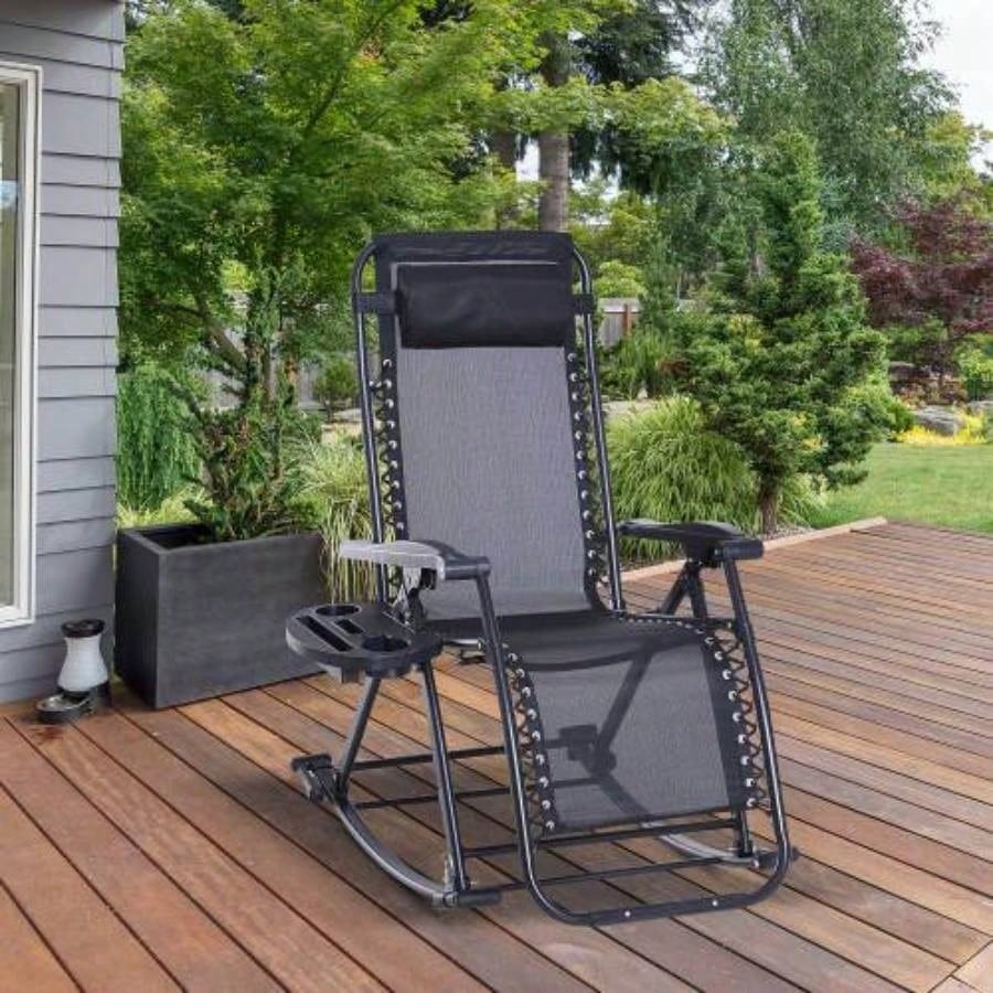 Outdoor Rocking Chairs, Foldable Reclining Anti Lounge Rocker/ Pillow, Cup Phone Holder, Combo Design/ Folding, Black