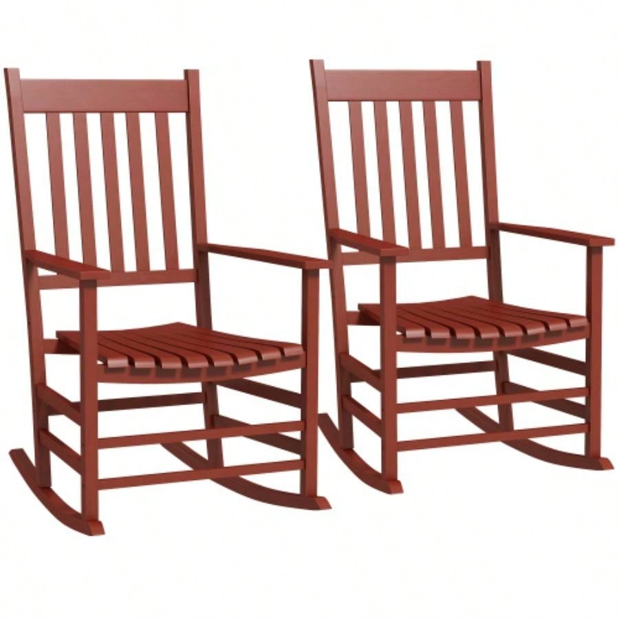 Outsunny Outdoor Rocking Chair Set of 2, Patio Wooden Rocking Chair with Smooth Armrests, High Back Garden, Balcony, Porch, Supports Up to 352 lbs. Wine Red