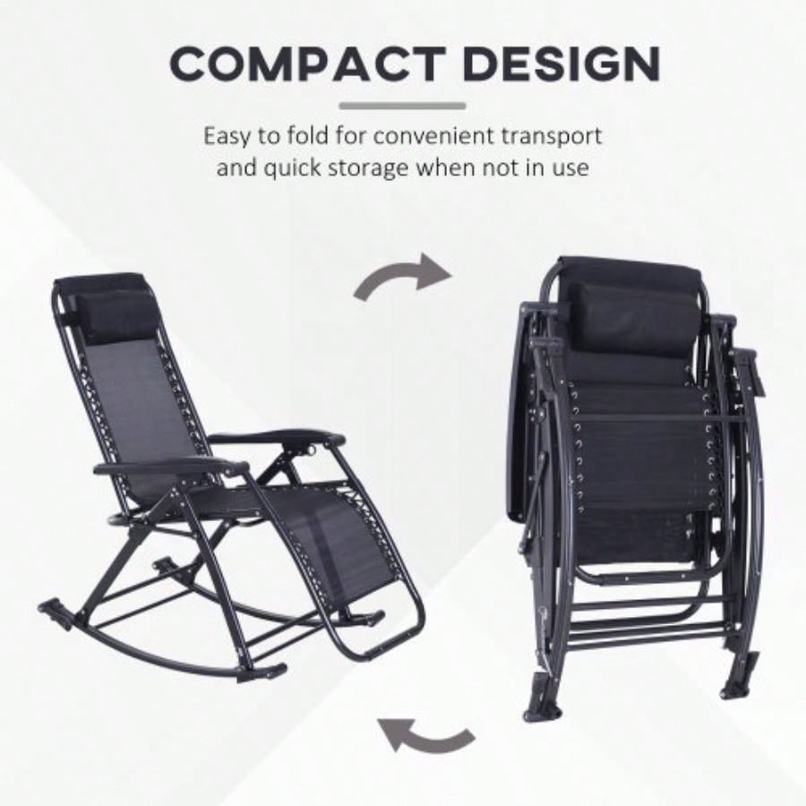 Outdoor Rocking Chairs, Foldable Reclining Anti Lounge Rocker/ Pillow, Cup Phone Holder, Combo Design/ Folding, Black