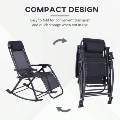 Outdoor Rocking Chairs, Foldable Reclining Anti Lounge Rocker/ Pillow, Cup Phone Holder, Combo Design/ Folding, Black