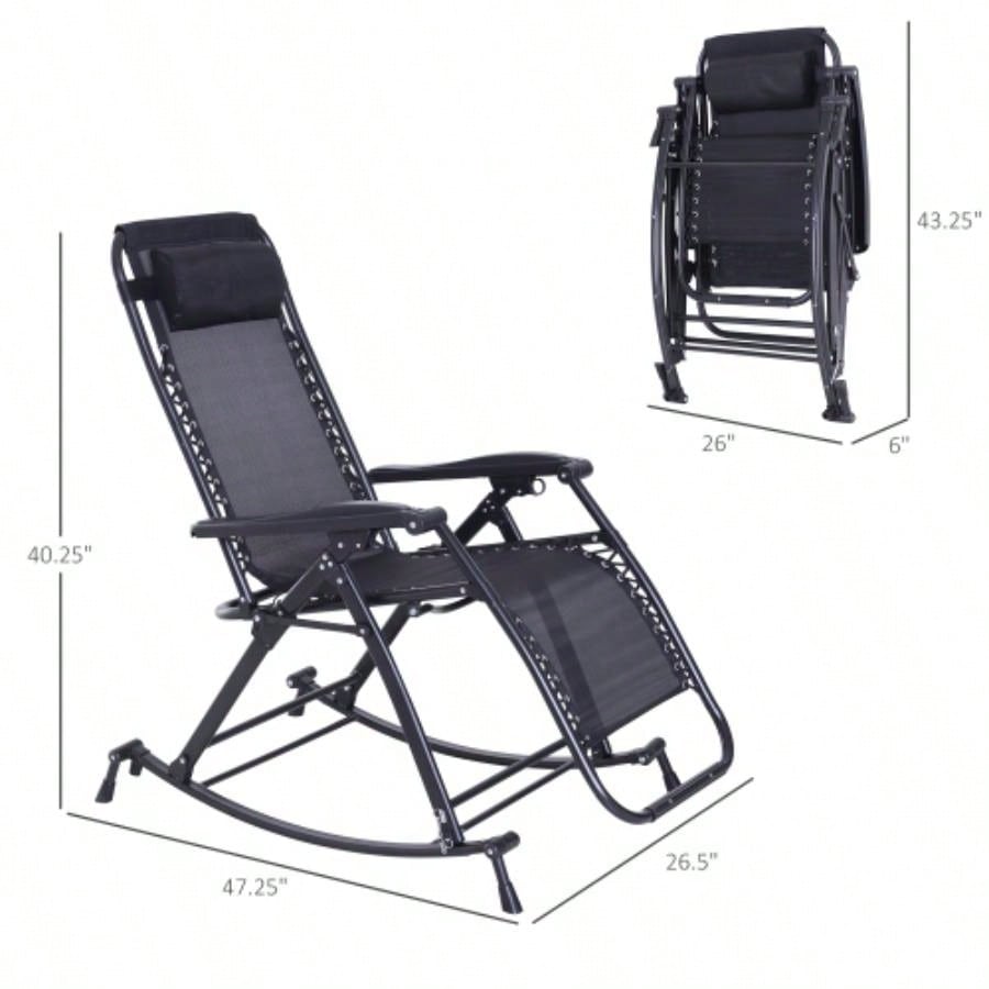 Outdoor Rocking Chairs, Foldable Reclining Anti Lounge Rocker/ Pillow, Cup Phone Holder, Combo Design/ Folding, Black