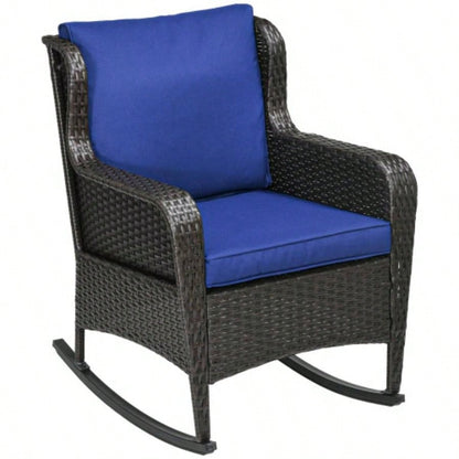 Outsunny Outdoor Wicker Rocking Chair with Wide, Thick Cushions, Rattan Rocker with Steel Frame, High Weight Capacity Patio, Garden, Backyard, Dark Blue