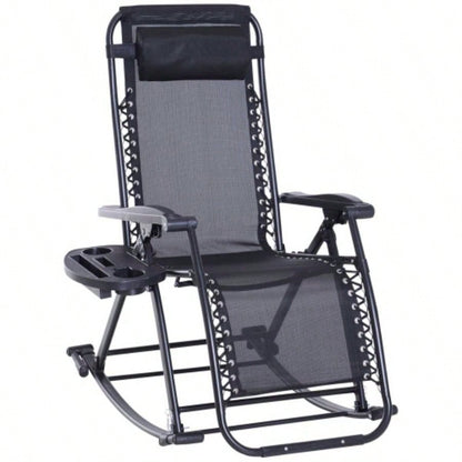 Outdoor Rocking Chairs, Foldable Reclining Anti Lounge Rocker/ Pillow, Cup Phone Holder, Combo Design/ Folding, Black