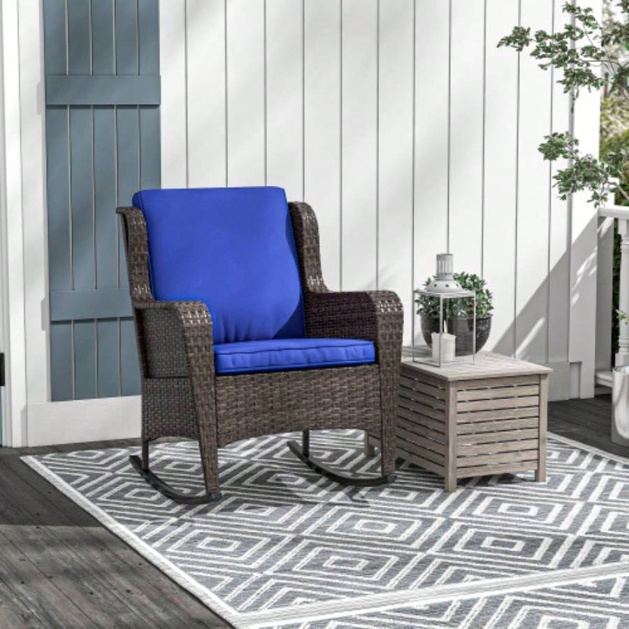 Outsunny Outdoor Wicker Rocking Chair with Wide, Thick Cushions, Rattan Rocker with Steel Frame, High Weight Capacity Patio, Garden, Backyard, Dark Blue