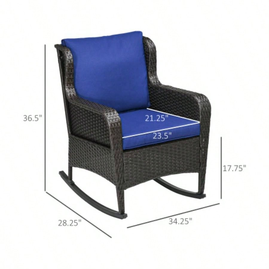 Outsunny Outdoor Wicker Rocking Chair with Wide, Thick Cushions, Rattan Rocker with Steel Frame, High Weight Capacity Patio, Garden, Backyard, Dark Blue
