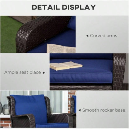 Outsunny Outdoor Wicker Rocking Chair with Wide, Thick Cushions, Rattan Rocker with Steel Frame, High Weight Capacity Patio, Garden, Backyard, Dark Blue