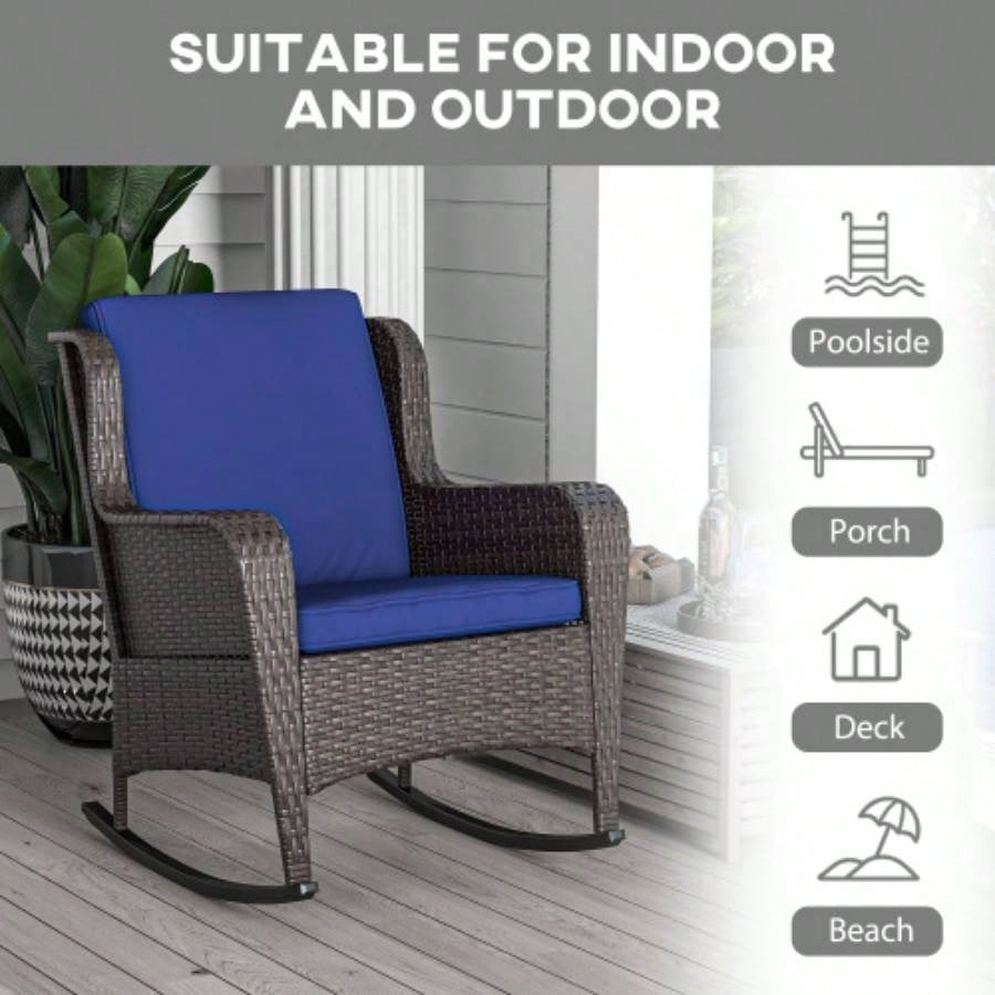 Outsunny Outdoor Wicker Rocking Chair with Wide, Thick Cushions, Rattan Rocker with Steel Frame, High Weight Capacity Patio, Garden, Backyard, Dark Blue