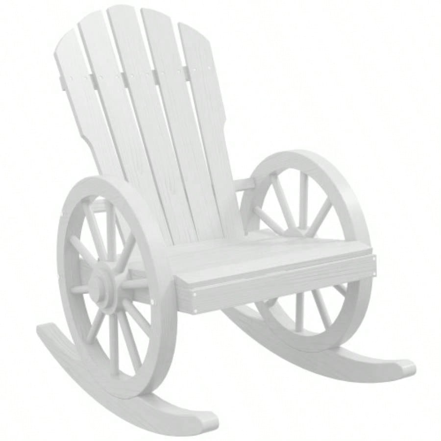 Outsunny Wooden Rocking Chair, Adirondack Rocker Chair/ Slatted Design and Oversized Back, Outdoor Rocking Chair with Wagon Wheel Armrest Porch, Poolside, and Garden, White