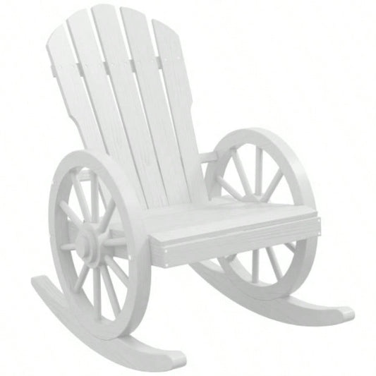 Outsunny Wooden Rocking Chair, Adirondack Rocker Chair/ Slatted Design and Oversized Back, Outdoor Rocking Chair with Wagon Wheel Armrest Porch, Poolside, and Garden, White
