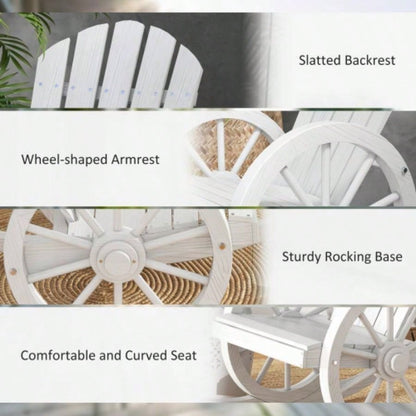 Outsunny Wooden Rocking Chair, Adirondack Rocker Chair/ Slatted Design and Oversized Back, Outdoor Rocking Chair with Wagon Wheel Armrest Porch, Poolside, and Garden, White