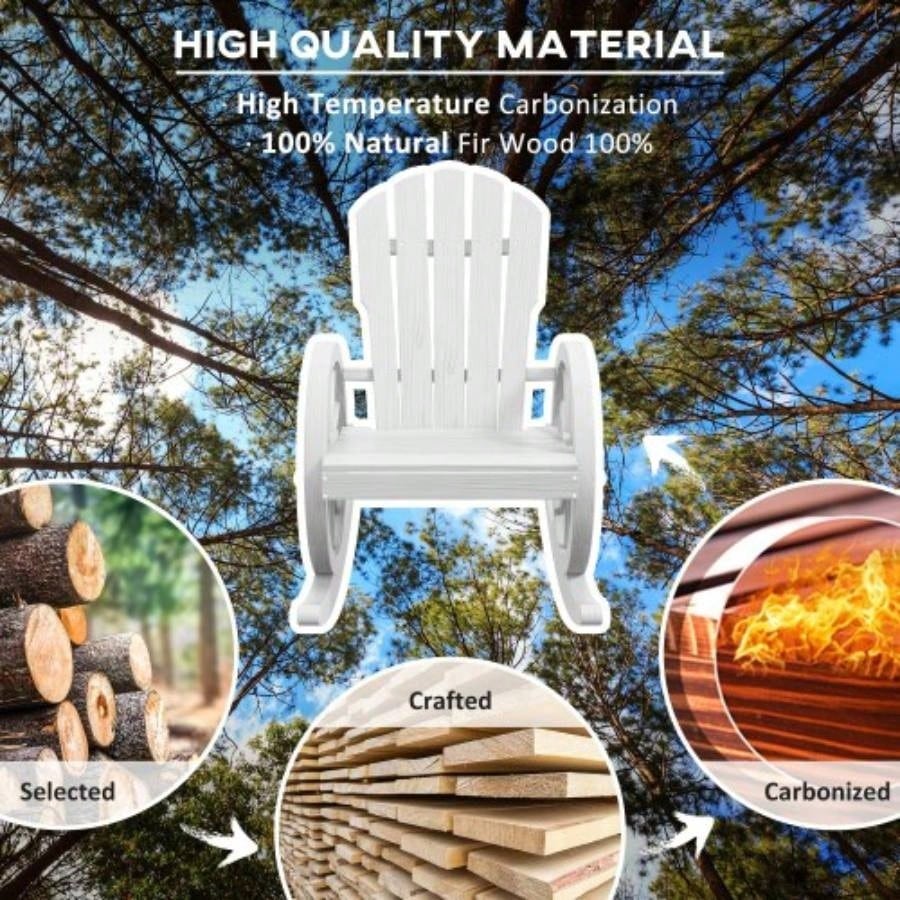 Outsunny Wooden Rocking Chair, Adirondack Rocker Chair/ Slatted Design and Oversized Back, Outdoor Rocking Chair with Wagon Wheel Armrest Porch, Poolside, and Garden, White