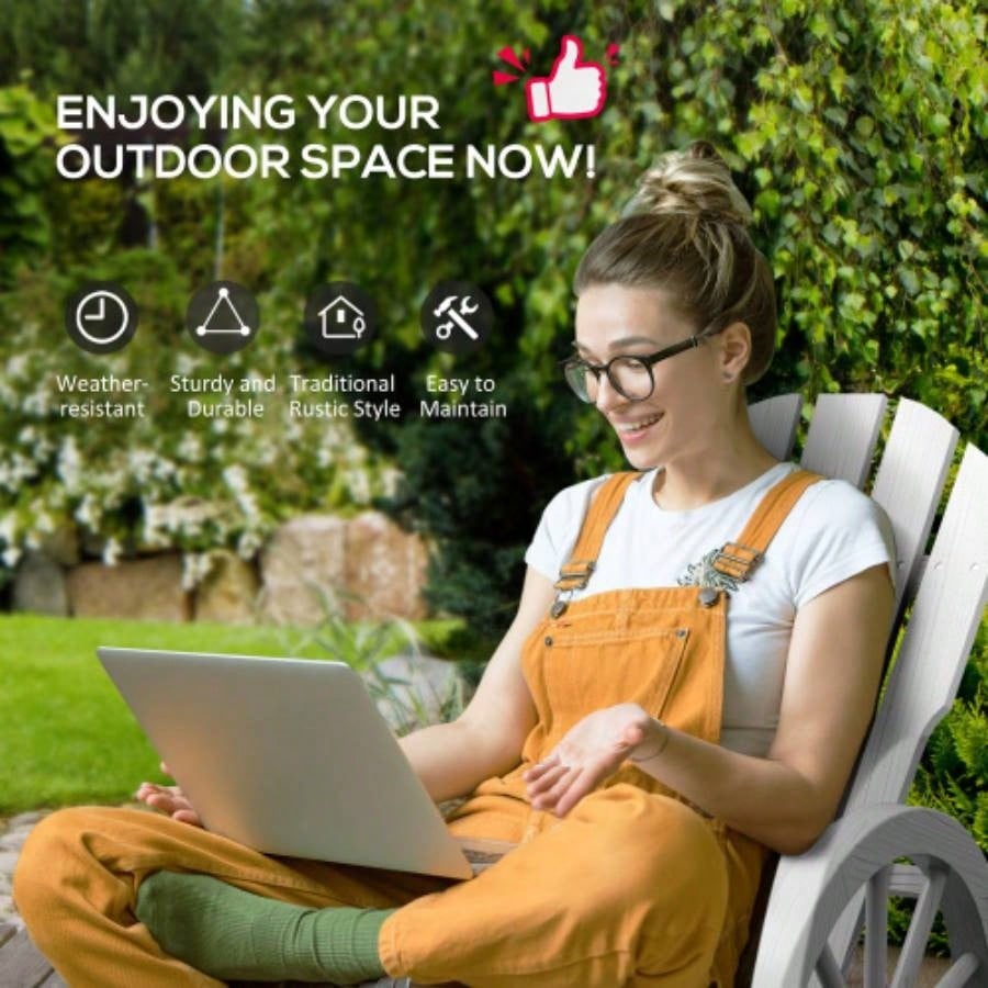 Outsunny Wooden Rocking Chair, Adirondack Rocker Chair/ Slatted Design and Oversized Back, Outdoor Rocking Chair with Wagon Wheel Armrest Porch, Poolside, and Garden, White