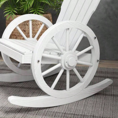 Outsunny Wooden Rocking Chair, Adirondack Rocker Chair/ Slatted Design and Oversized Back, Outdoor Rocking Chair with Wagon Wheel Armrest Porch, Poolside, and Garden, White