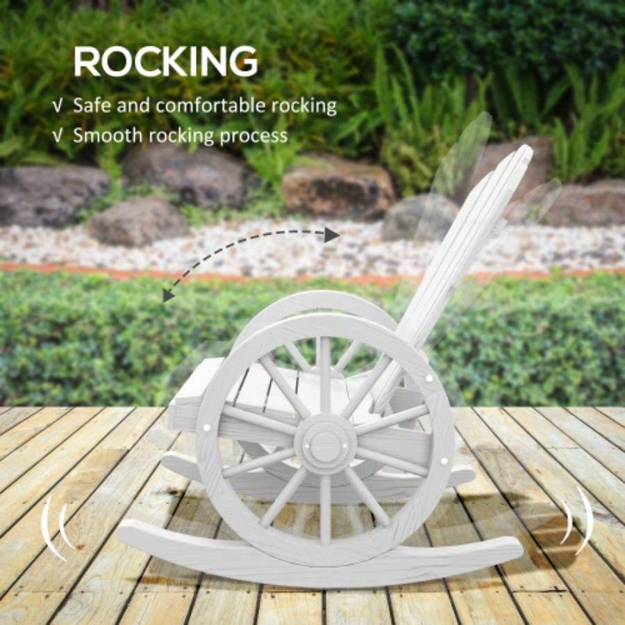 Outsunny Wooden Rocking Chair, Adirondack Rocker Chair/ Slatted Design and Oversized Back, Outdoor Rocking Chair with Wagon Wheel Armrest Porch, Poolside, and Garden, White