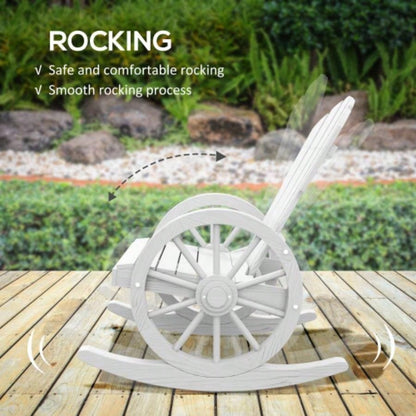 Outsunny Wooden Rocking Chair, Adirondack Rocker Chair/ Slatted Design and Oversized Back, Outdoor Rocking Chair with Wagon Wheel Armrest Porch, Poolside, and Garden, White