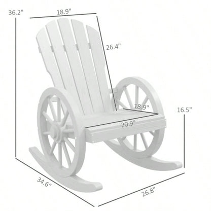 Outsunny Wooden Rocking Chair, Adirondack Rocker Chair/ Slatted Design and Oversized Back, Outdoor Rocking Chair with Wagon Wheel Armrest Porch, Poolside, and Garden, White