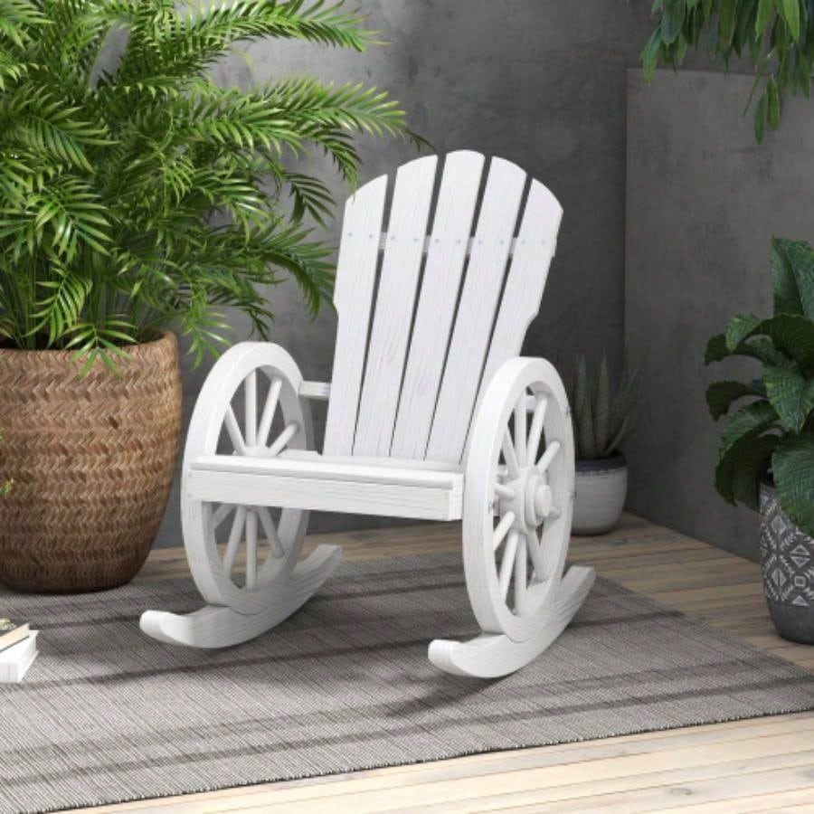 Outsunny Wooden Rocking Chair, Adirondack Rocker Chair/ Slatted Design and Oversized Back, Outdoor Rocking Chair with Wagon Wheel Armrest Porch, Poolside, and Garden, White