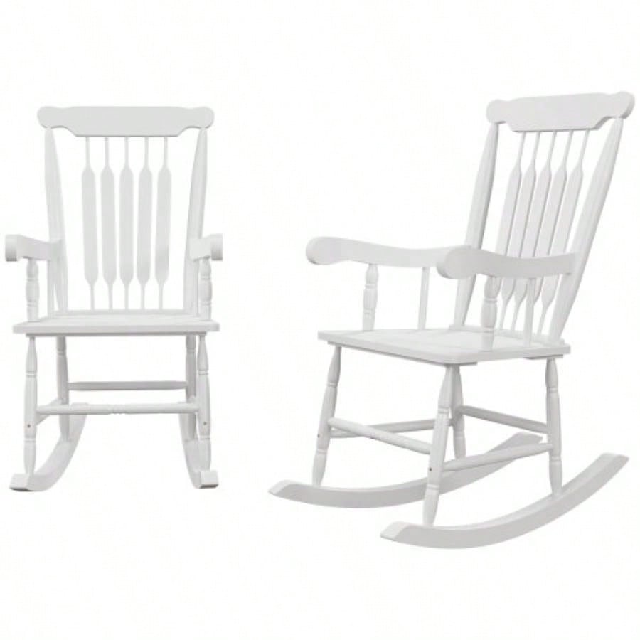 Outsunny Outdoor Wood Rocking Chairs Set of 2, 350 lbs. Porch Rockers with High Back Garden, Patio, Balcony, White