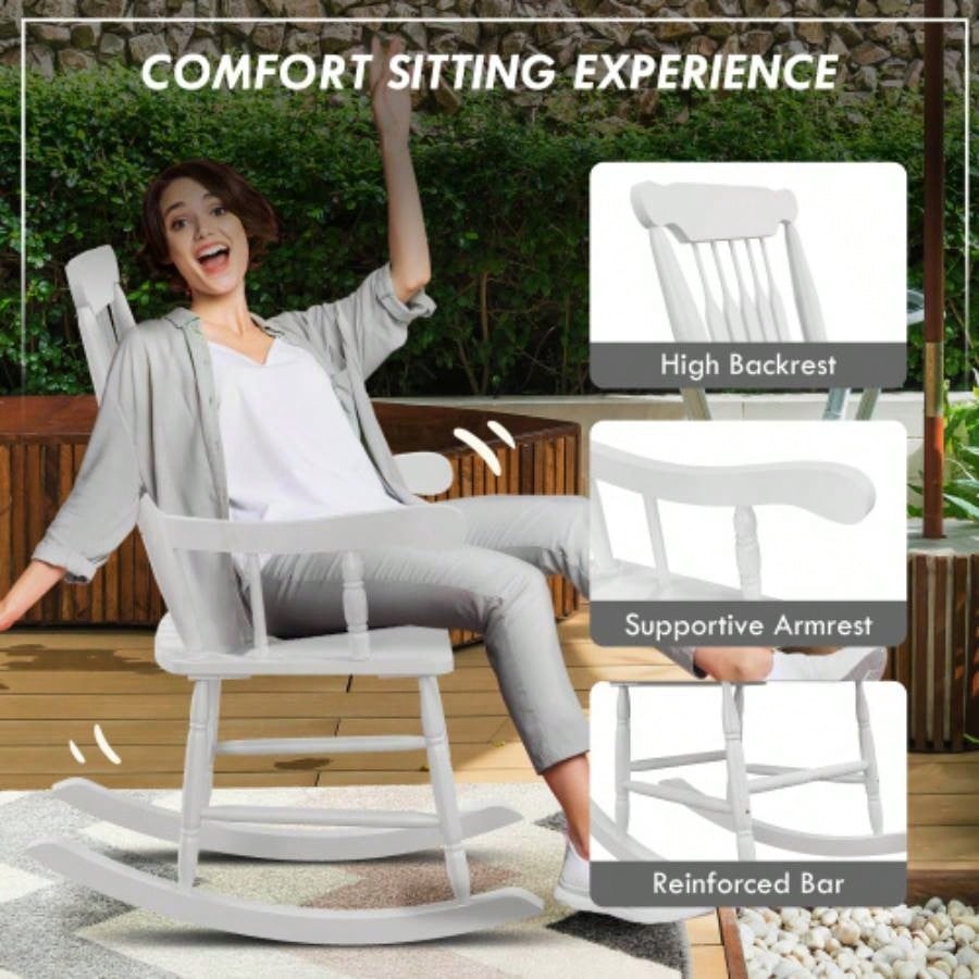 Outsunny Outdoor Wood Rocking Chairs Set of 2, 350 lbs. Porch Rockers with High Back Garden, Patio, Balcony, White