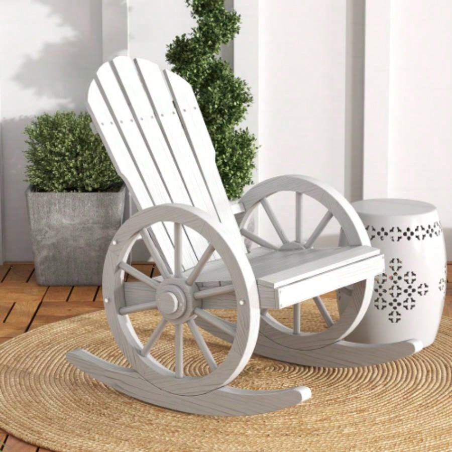 Outsunny Wooden Rocking Chair, Adirondack Rocker Chair/ Slatted Design and Oversized Back, Outdoor Rocking Chair with Wagon Wheel Armrest Porch, Poolside, and Garden, White