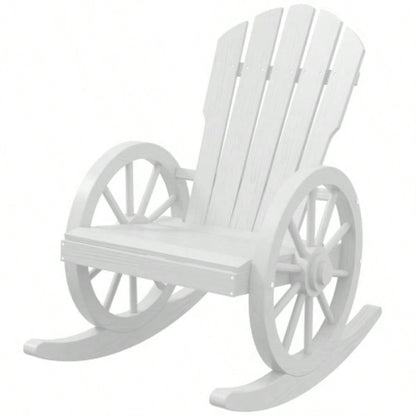 Outsunny Wooden Rocking Chair, Adirondack Rocker Chair/ Slatted Design and Oversized Back, Outdoor Rocking Chair with Wagon Wheel Armrest Porch, Poolside, and Garden, White