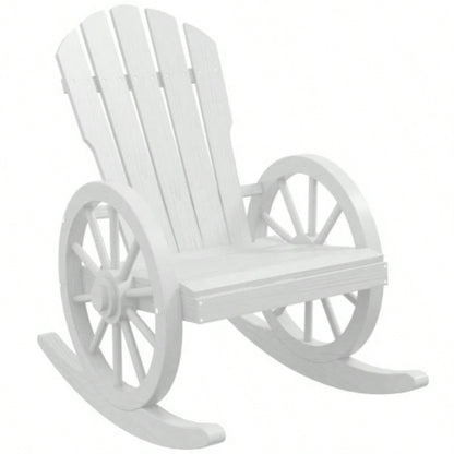 Outsunny Wooden Rocking Chair, Adirondack Rocker Chair/ Slatted Design and Oversized Back, Outdoor Rocking Chair with Wagon Wheel Armrest Porch, Poolside, and Garden, White