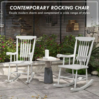 Outsunny Outdoor Wood Rocking Chairs Set of 2, 350 lbs. Porch Rockers with High Back Garden, Patio, Balcony, White